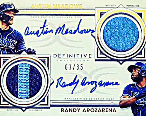 Image of a 2022-Topps-Definitive-Collection-Baseball-Dual-Autograph-Relic-Austin-Meadows-Randy-Arozarena card
